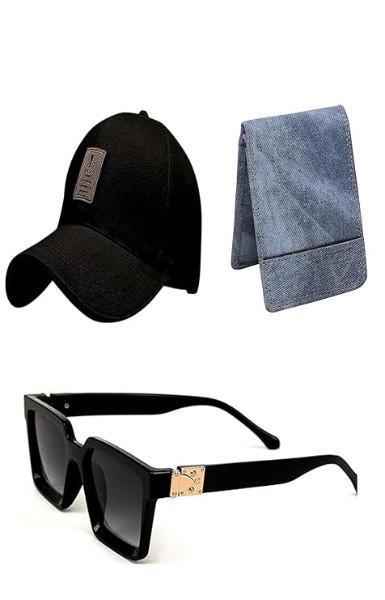 Stylish Gift Combo Set | Premium Black Sunglasses, Classic Baseball Cap & Slim Wallet